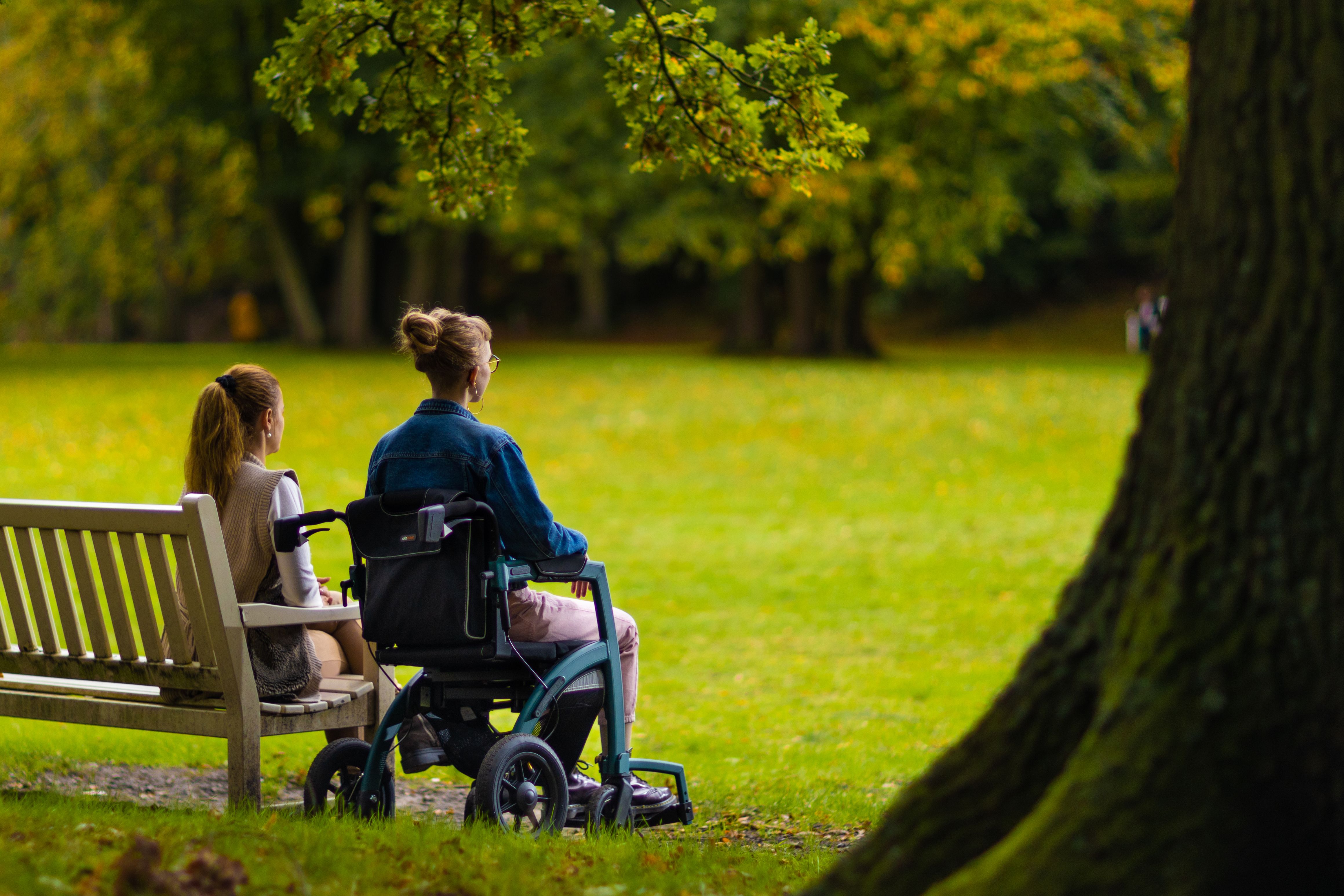 A person using a wheelchair and a companion sitting side by side in a park, looking out over grass and trees